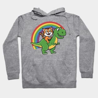 A Cat RIding A Dinsaur Rainbow Background Funny Cartoon Hoodie